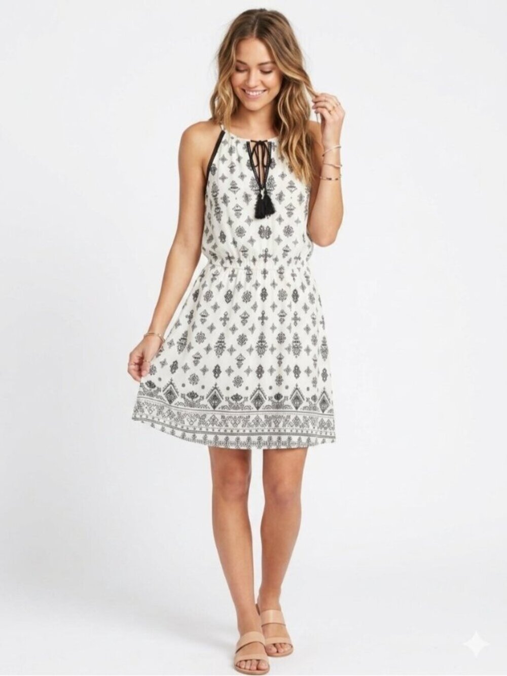 Dynamite Black White Geometric Print Halter Midi Dress Tie Waist XS 0562